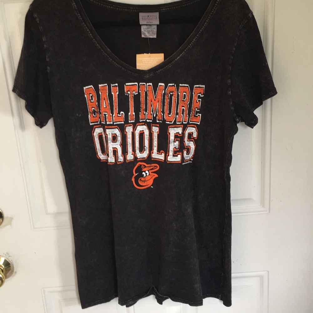 V neck distressed ladies black Orioles tee